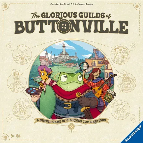Ravensburger board game box art with the name of the game and a toad warrior, human bard and some sort of one-eyed yellow painter creature. They all look cute as heck.