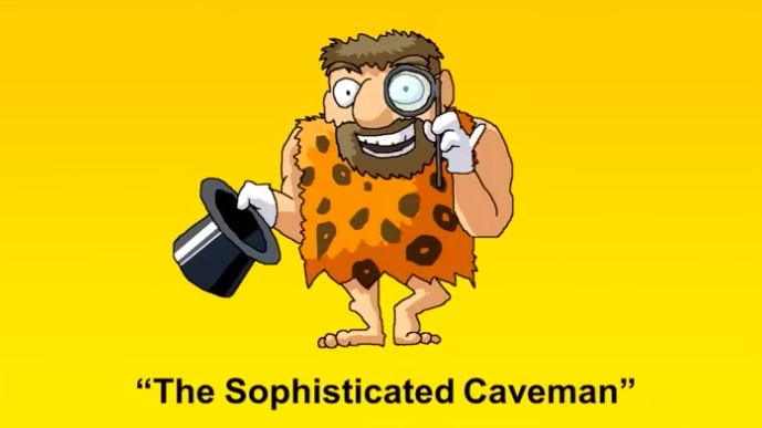 A cartoonish caveman with a black top hat, a magnifying glass they are peering through and otherwise wearing a stereotypical caveman's outfit