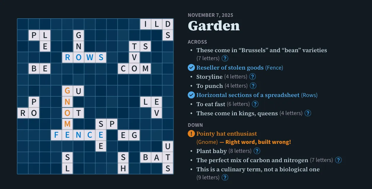 Screenshot of a Tiled Words puzzle from November 7th, 2025. The theme is Garden and it's partially solved.