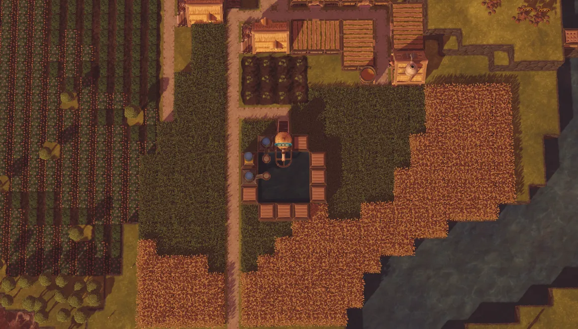 A birdseye view of a wheat field around a local pond in Timberborn.