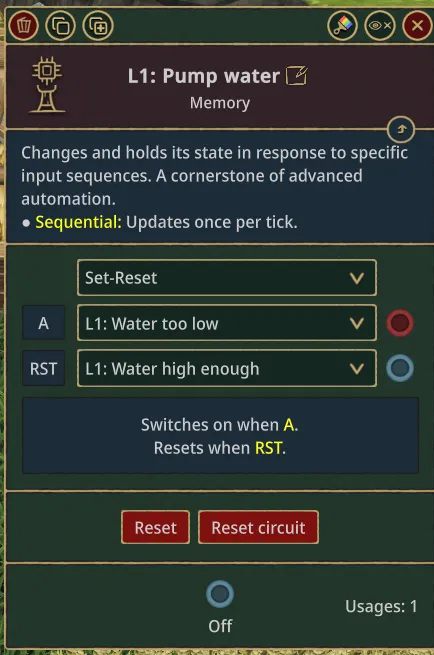 A memory node in Set-Reset mode to activate when water level is too low and reset when it's high enough again.