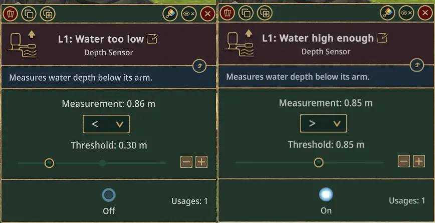 Settings for two depth sensors, one to activate when water is too low (below 0.30 m) and another when it's high enough (above 0.85 m)