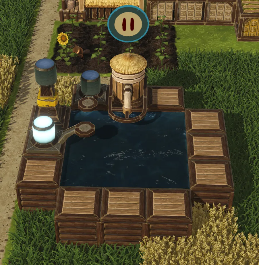 A close up view of a pond with water pump, two sensors and a memory.