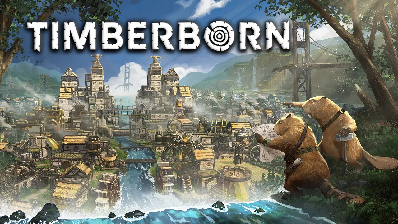 Timberborn cover with two beavers, one with a blueprint and other with a hammer, overlooking a thriving multilevel city built around a raging river