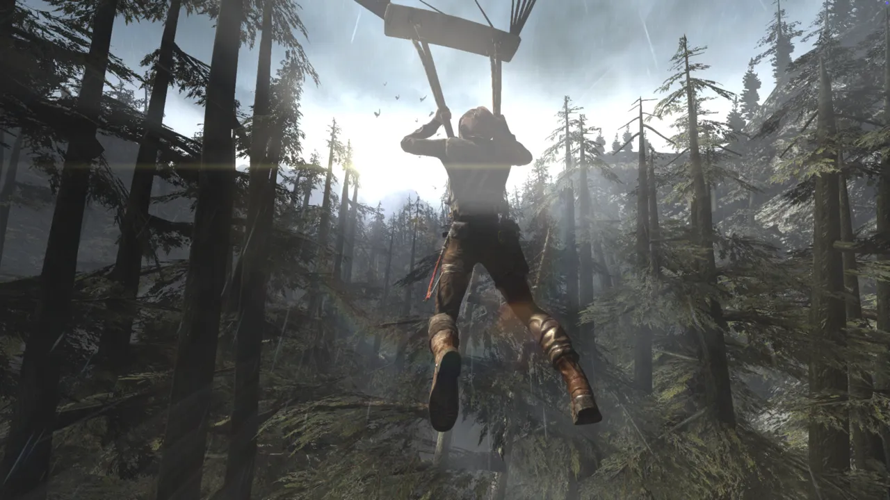 Lara Croft gliding through a forest with a parachute in Tomb Raider game.