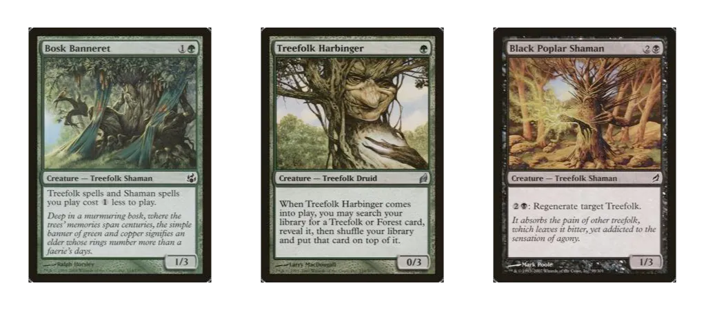 Bosk Banneret, Treefolk Harbinger and Black Poplar Shaman cards