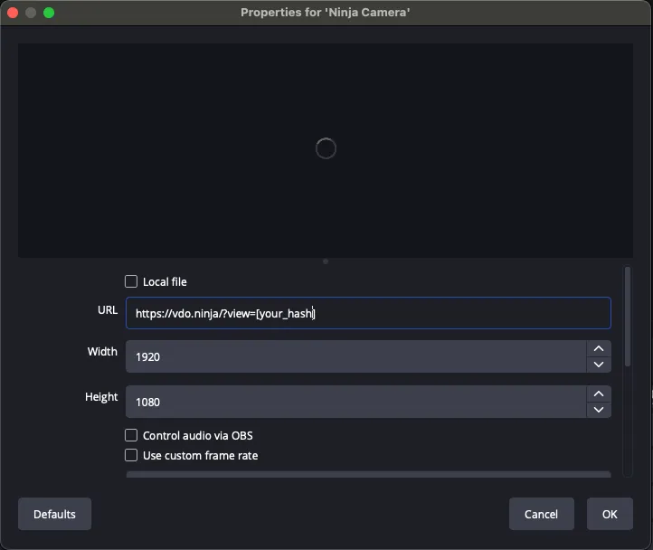 OBS dialog for new Browser source that points to vdo.ninja