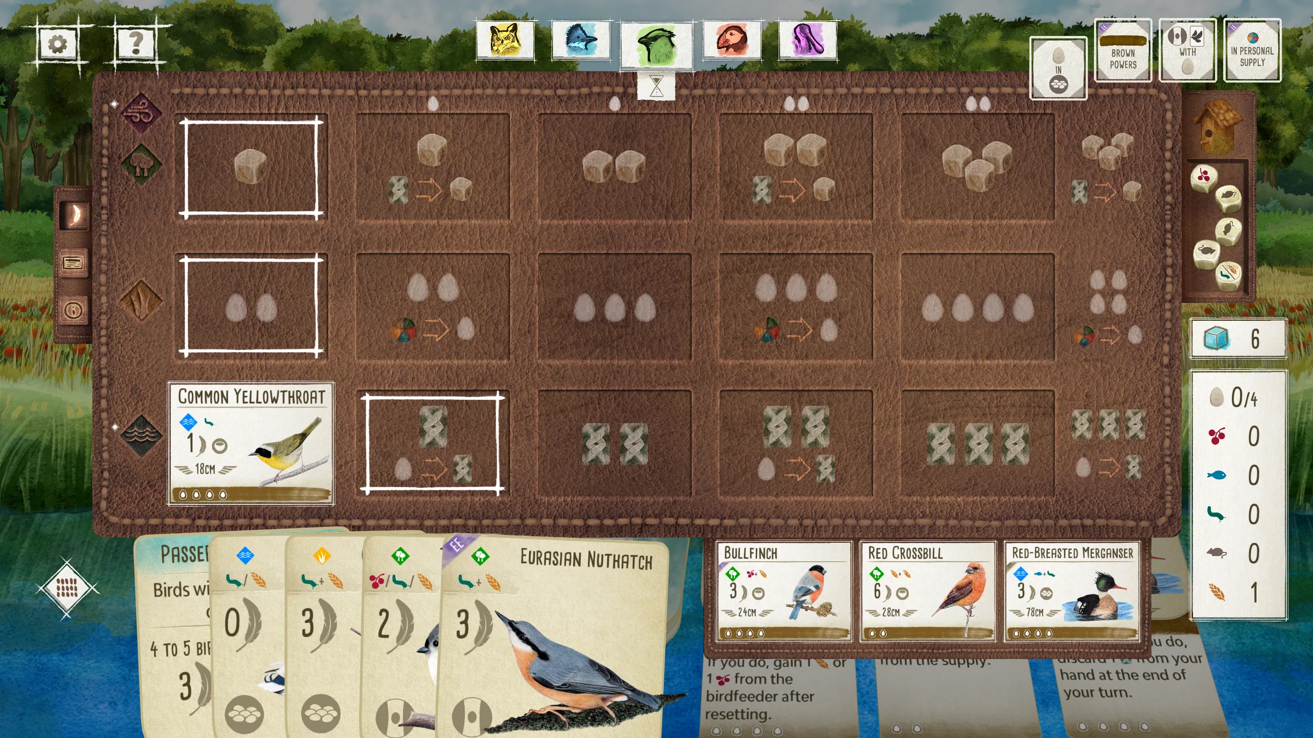 Alternate Wingspan player board view that shows all habitats at once as well as the food in birdfeeder and birds in tray
