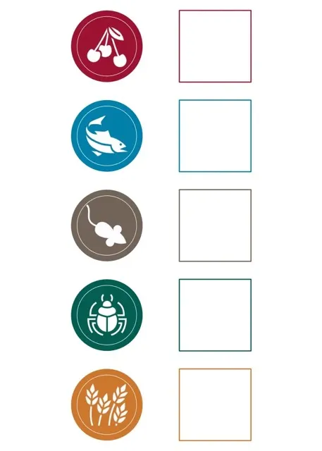 A card with four circles and squares next to each: one in red with a cherry, one in blue with a salmon, one in brownish with a mouse, one in green with an insect and one in dark yellow with a wheat