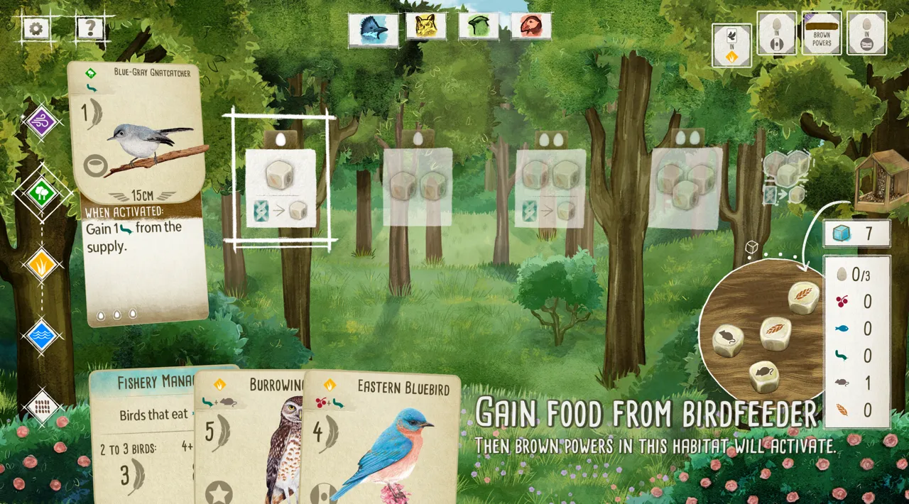 Screenshot of Wingspan video game mid-game, showing a single bird played on the green habitat