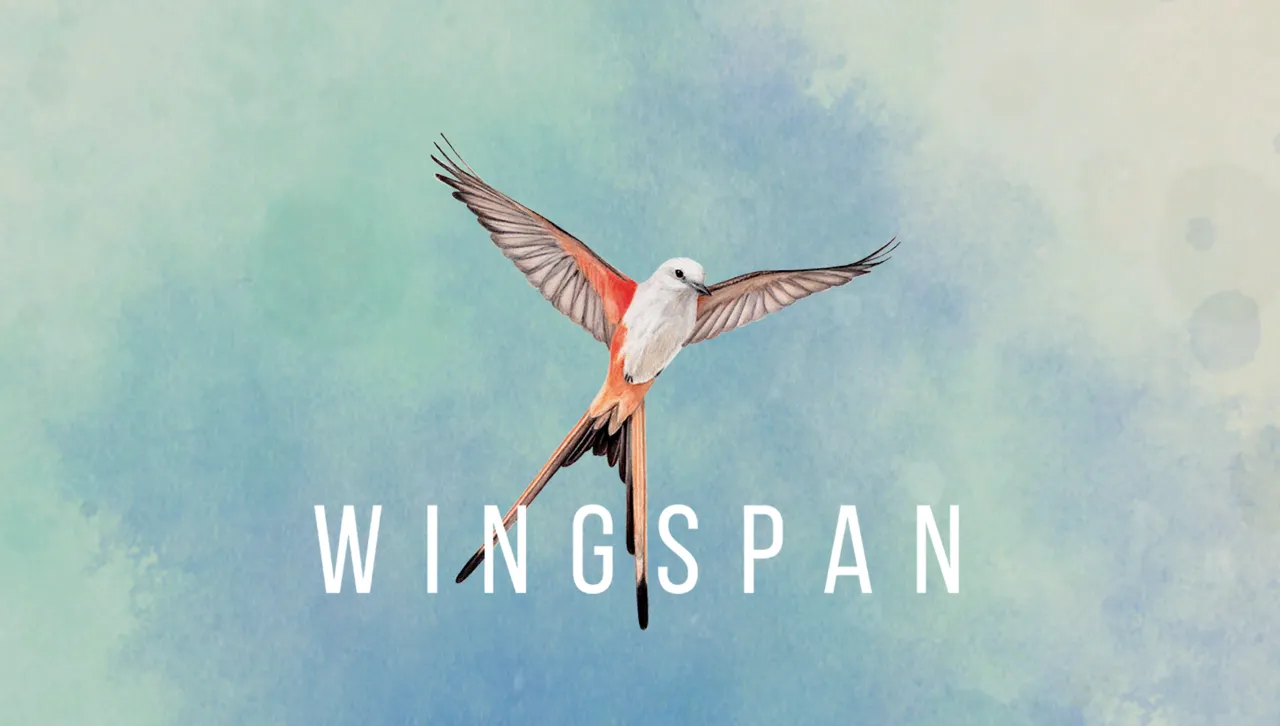 Wingspan logo screen with an illustrated Scissor Tailed Flycatcher on a water color background of various shades of blue