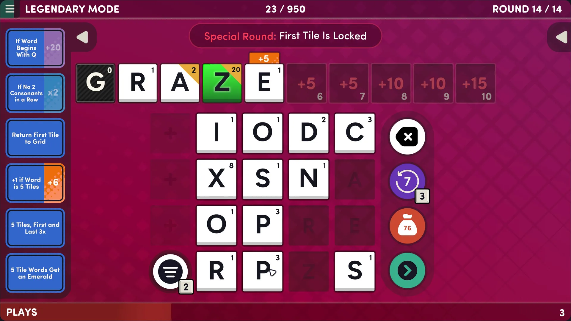 Screenshot of Word Play mid-round. The current word on the top is Graze worth 29 points with empty slots following those letters worth 5, 5, 10, 10 and 15 points. Below that, there's a 4 by 4 grid with letters to be used. On the left side, there's a list of abilities or extra score modifiers.