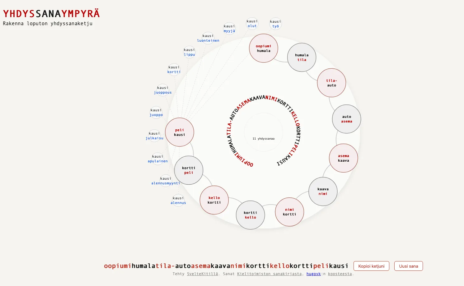 Screenshot from the game with words on an outer rim of a circle connected to each other based on their compoundness.